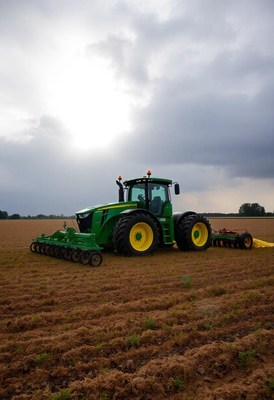 A green tractor sits in a field, ready to work