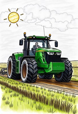 A green tractor drives on a sunny day