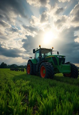A green tractor sits in a field of tall grass