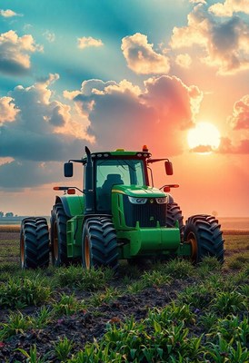 A green tractor sits in a field at sunset