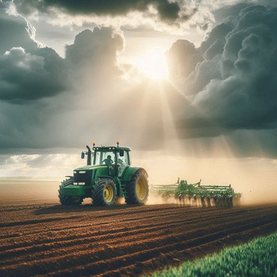 A tractor plows a field under a cloudy sky