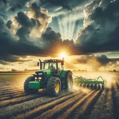 A tractor plows a field at sunset
