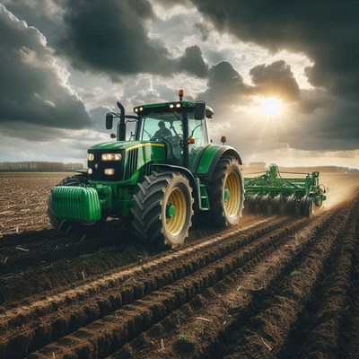 A green tractor plows a field under a cloudy sky