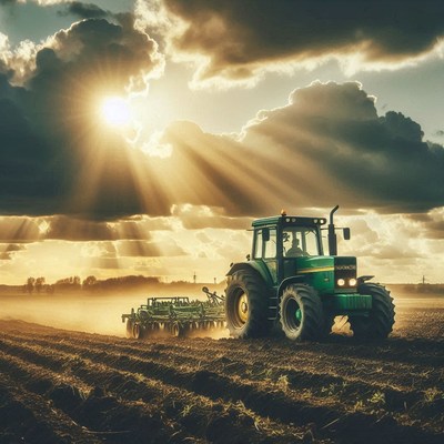 A tractor plows a field at sunset