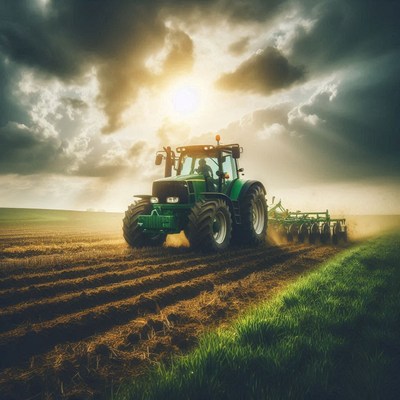 A green tractor plows a field at sunset