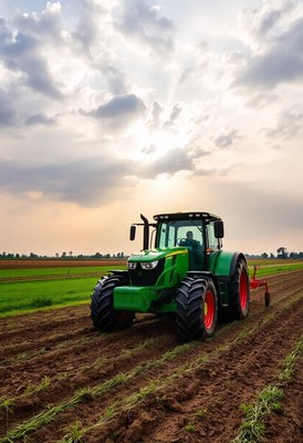 A green tractor plows a field at sunset