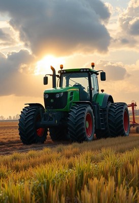 A green tractor sits in a field at sunset