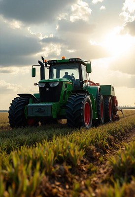 A green tractor plows a field at sunset