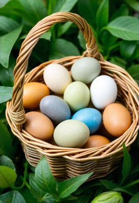 A basket of colorful eggs sits on green leaves