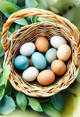Colorful eggs in a wicker basket among green leaves
