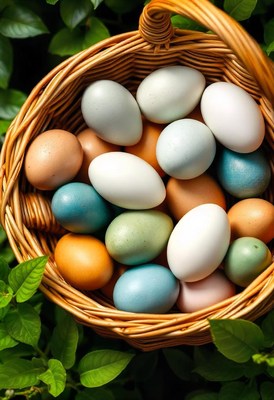 A basket of colorful eggs sits nestled in green leaves