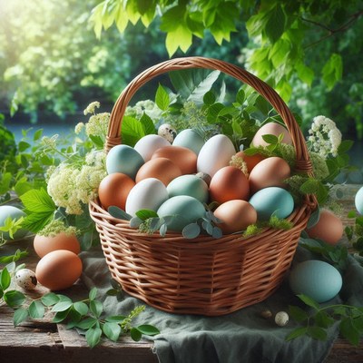 Wicker basket of brown and blue eggs on a table