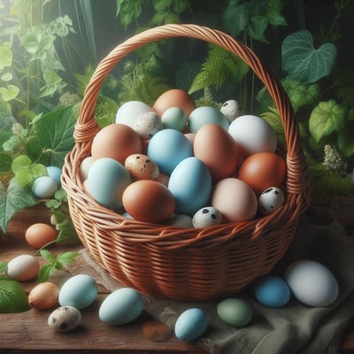 A wicker basket full of colorful eggs sits on a wooden table