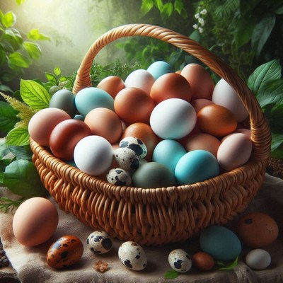 A wicker basket full of brown, blue, and white eggs