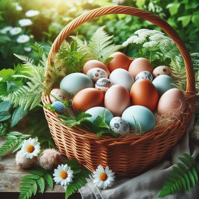 Colorful eggs in a wicker basket on grass