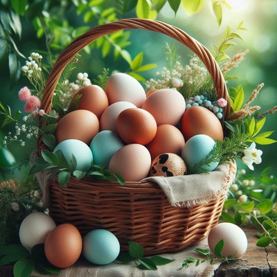 Wicker basket of brown and blue eggs in greenery