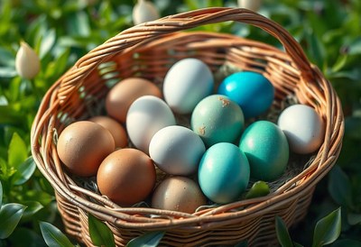 A basket of brown and blue eggs sits on green grass