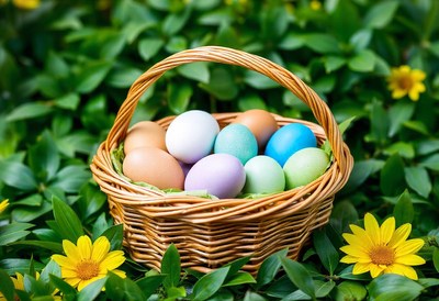 A basket of colorful easter eggs sits in the grass
