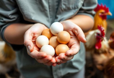 A farmer holds fresh eggs in their hands