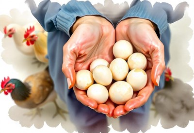 A person holds freshly gathered eggs in their hands