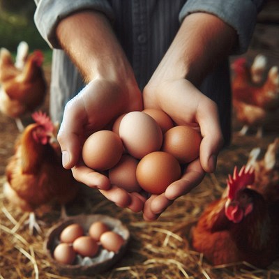 A farmer holds a handful of brown eggs