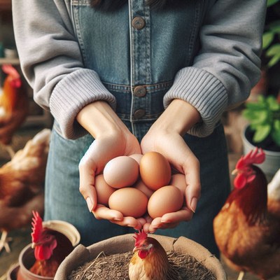 A farmer holds fresh eggs in a coop