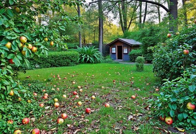 Fallen apples litter the grass in front of a small shed