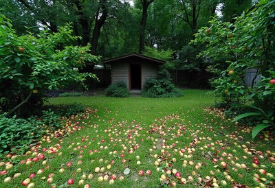 Fallen apples cover the grass in front of a shed