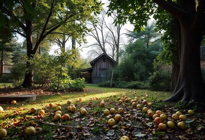 Apples lie scattered on grass by a wooden shed