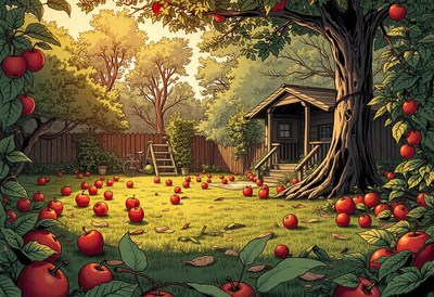 Red apples litter the grass in a suburban yard