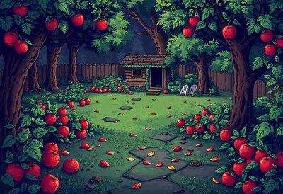 Red apples fall from the trees in a quiet garden