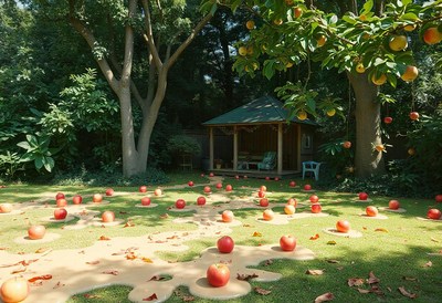 Red apples are scattered across the grass in a backyard
