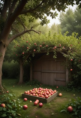 A wooden shed covered in red apples sits in a lush garden