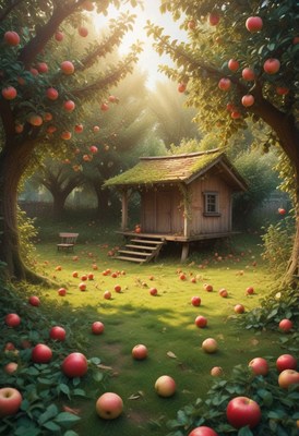 A quaint cabin sits in a lush apple orchard