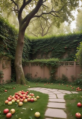 A stone path winds through a lush green garden
