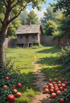 Wooden cabin in a sunny garden with a pathway