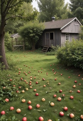 Red apples scattered on the grass near a small wooden cabin