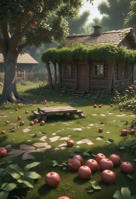 Cottage in a clearing by fallen apples and picnic table