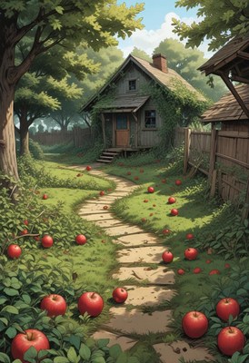 A path leads to a house in an apple orchard