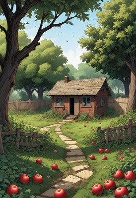 A house in a yard with apples and a stone path