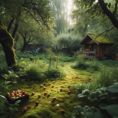 A cabin lies in a green forest with scattered apples