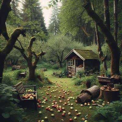 A small, wooden cabin sits in a lush forest clearing