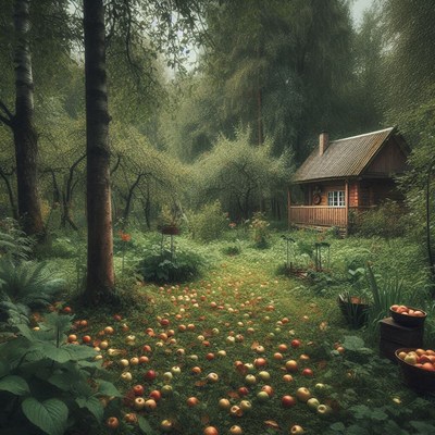 A small, rustic wooden cabin is nestled in a lush forest