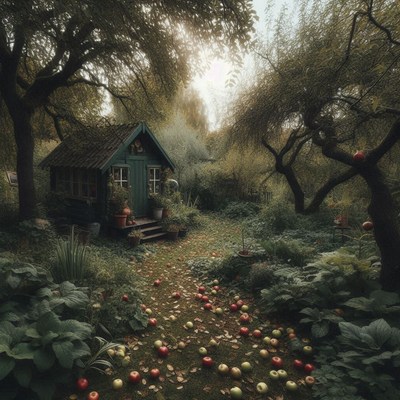 A wooden cabin in a forest of trees and apples