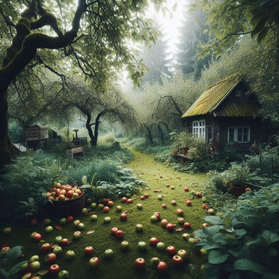 A cottage in a forest with fallen apples