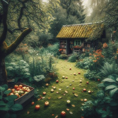 A cozy cottage sits nestled in a lush forest