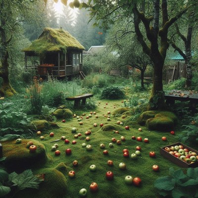 Mossy cabin in a forest with scattered apples