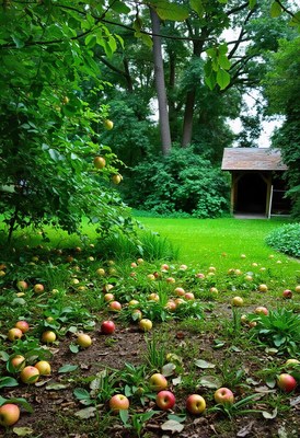 Fallen apples litter the green grass near a shed