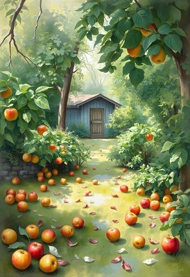 Fallen apples litter the path to a small shed