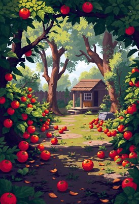 Red apples lie by a small shed in the backyard
